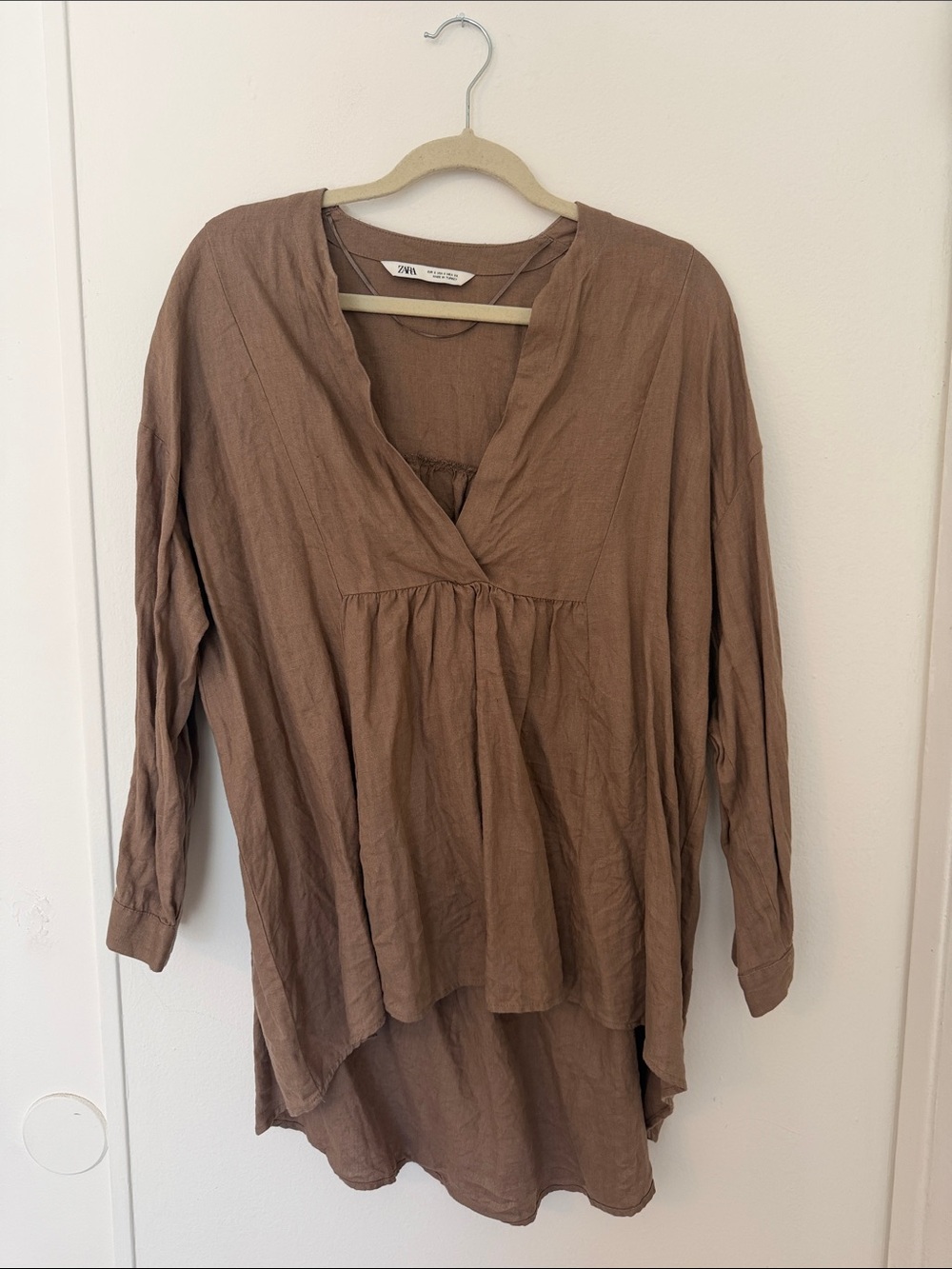 Zara 100% Linen V-Neck Tunic Top Taupe S